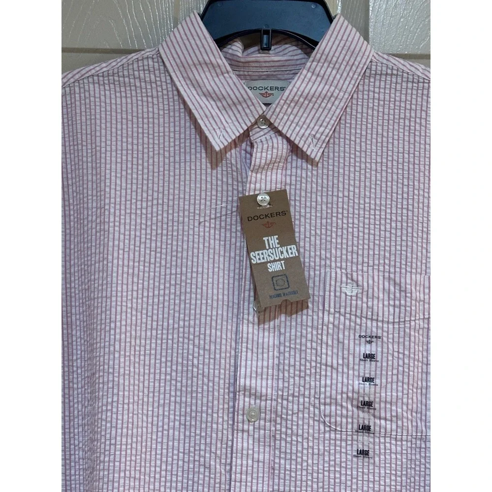 Dockers Mens Seersucker Shirt Pink White Striped Short Sleeve Button Down Large‎